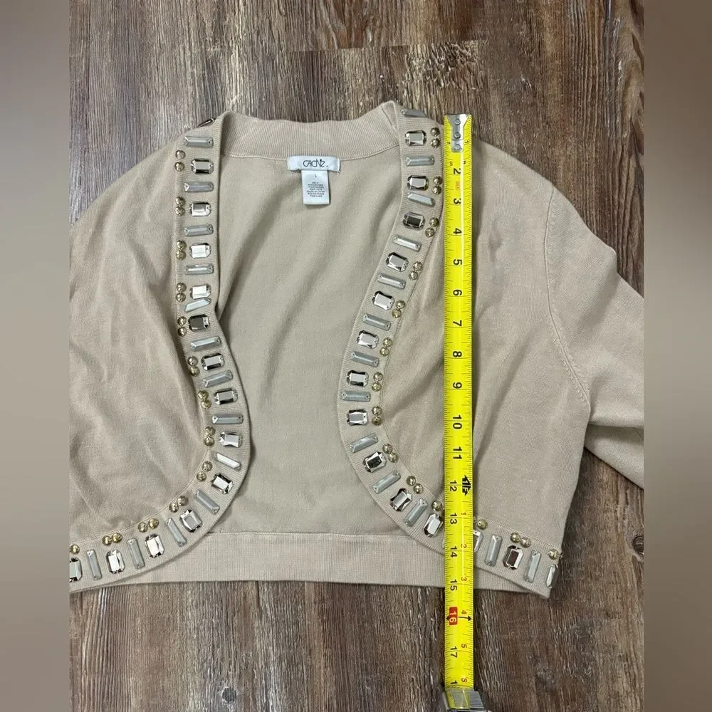 Cache Vintage Y2K Tan Beaded Crop Cardigan Large Workwear Casual Old Money